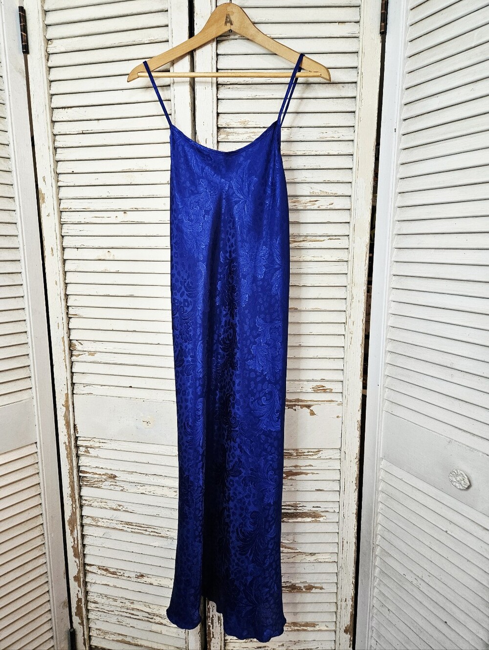 Vintage 90s Royal Blue Floral Satin Midi Length Bias Cut Slip/Slip Dress Medium